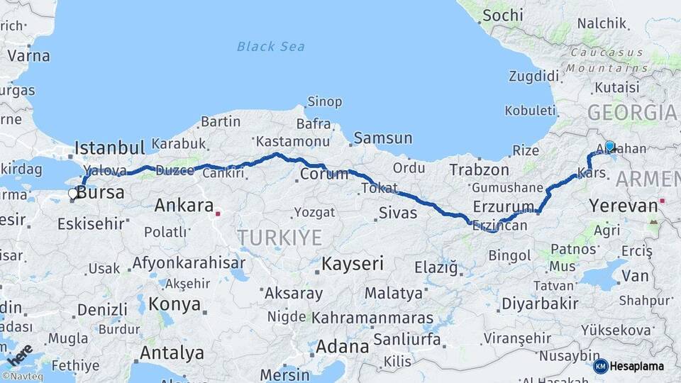 Ardahan Çıldır Bursa Arası Kaç Km - Yol Haritası