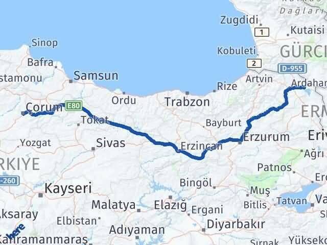 Ardahan Çıldır Çorum Arası Kaç Km - Yol Haritası