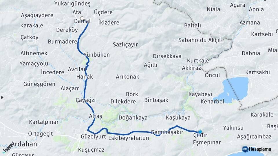 Ardahan Çıldır Damal Arası Kaç Km - Yol Haritası