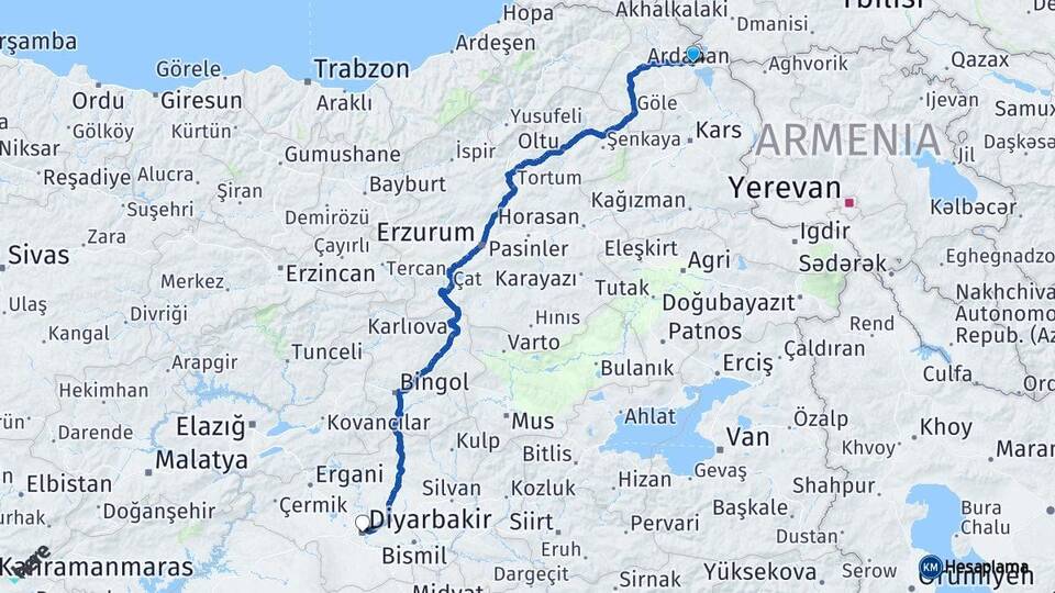 Ardahan Çıldır Diyarbakır Arası Kaç Km - Yol Haritası