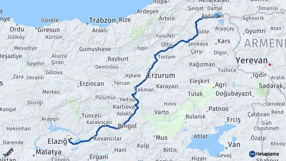 Ardahan Çıldır Elazığ Arası Kaç Km - Yol Haritası