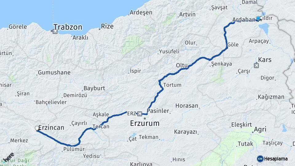 Ardahan Çıldır Erzincan Arası Kaç Km - Yol Haritası