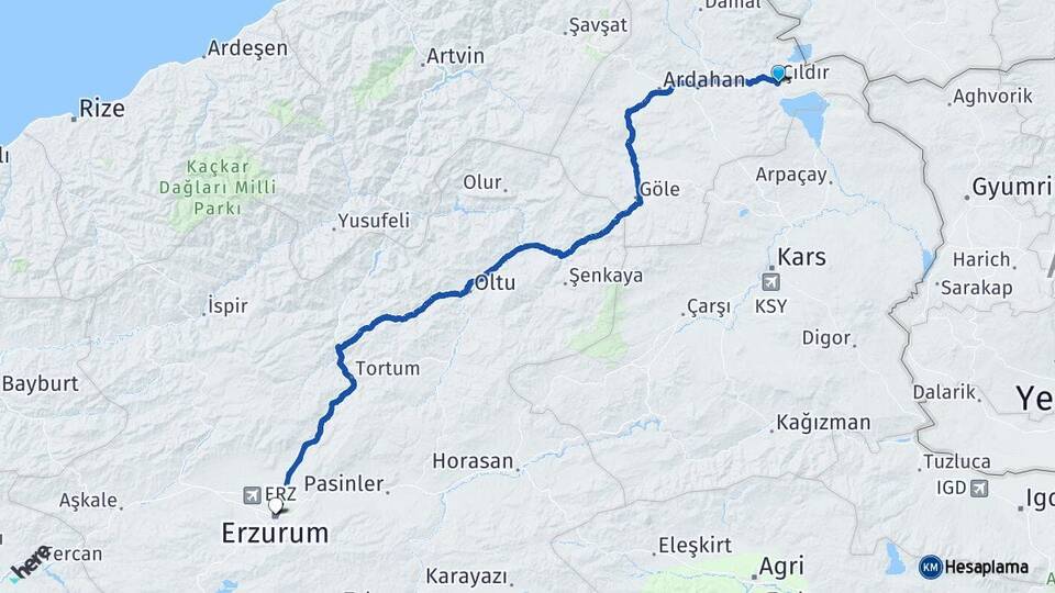 Ardahan Çıldır Erzurum Arası Kaç Km - Yol Haritası