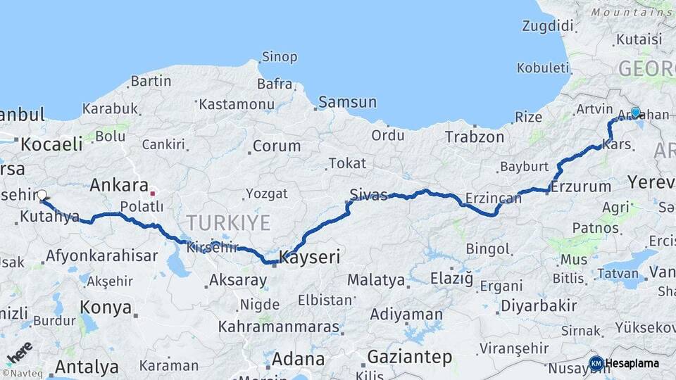 Ardahan Çıldır Eskişehir Arası Kaç Km - Yol Haritası