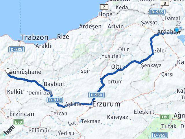 Ardahan Çıldır Gümüşhane Arası Kaç Km - Yol Haritası