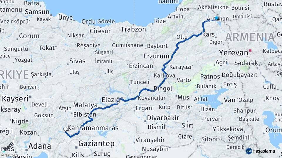 Ardahan Çıldır Kahramanmaraş Arası Kaç Km - Yol Haritası