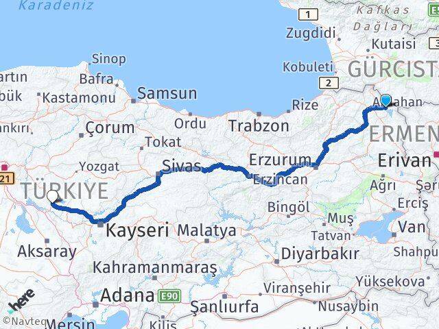 Ardahan Çıldır Kırşehir Arası Kaç Km - Yol Haritası