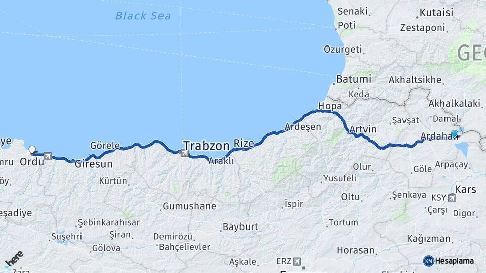 Ardahan Çıldır Ordu Arası Kaç Km - Yol Haritası