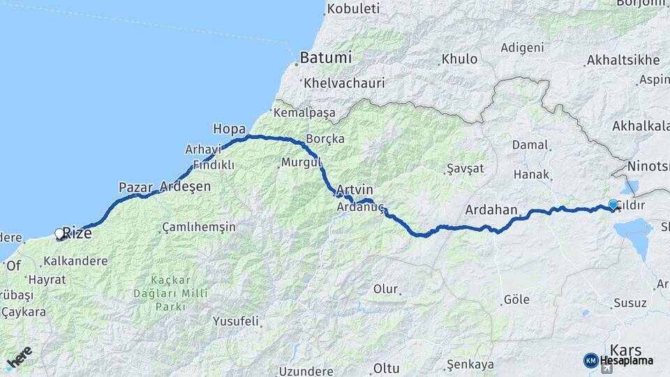 Ardahan Çıldır Rize Arası Kaç Km - Yol Haritası