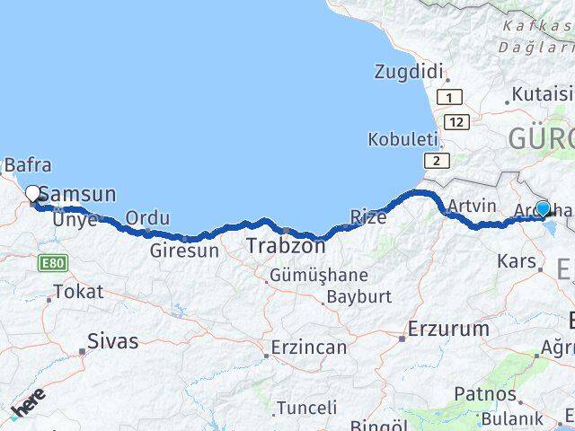 Ardahan Çıldır Samsun Arası Kaç Km - Yol Haritası