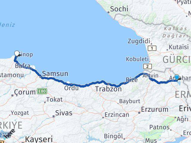 Ardahan Çıldır Sinop Arası Kaç Km - Yol Haritası