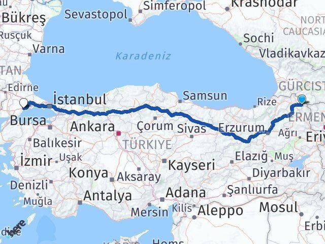 Ardahan Çıldır Tekirdağ Arası Kaç Km - Yol Haritası