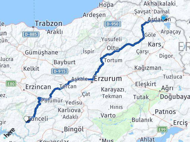Ardahan Çıldır Tunceli Arası Kaç Km - Yol Haritası