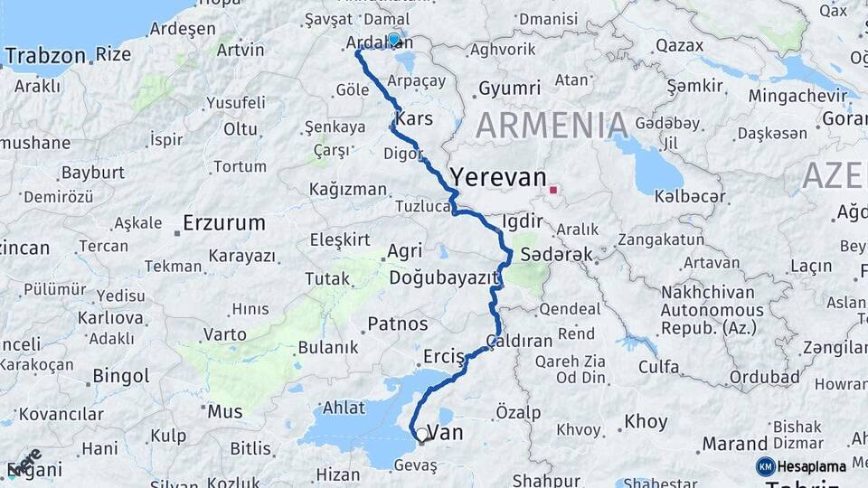 Ardahan Çıldır Van Arası Kaç Km - Yol Haritası
