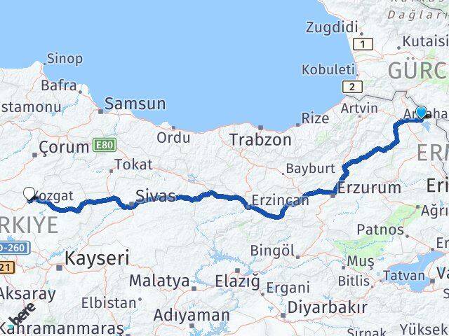Ardahan Çıldır Yozgat Arası Kaç Km - Yol Haritası
