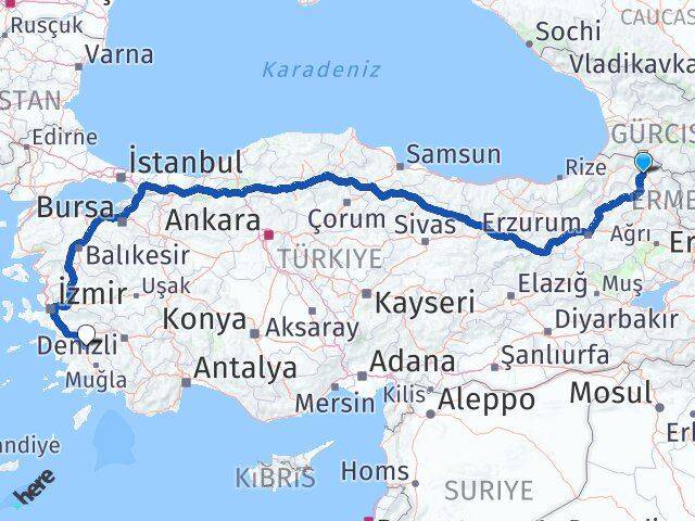 Ardahan Çine Aydın Arası Kaç Km - Yol Haritası