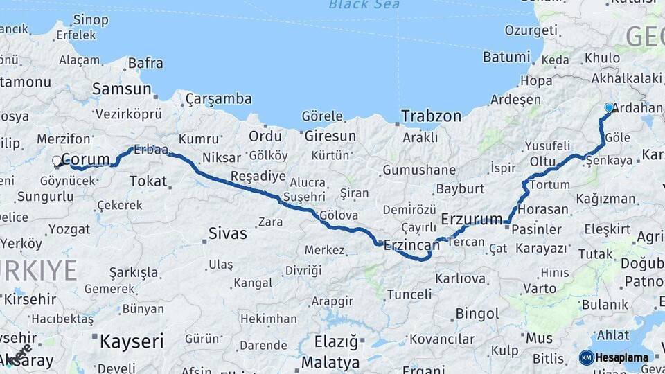 Ardahan Çorum Arası Kaç Km - Yol Haritası