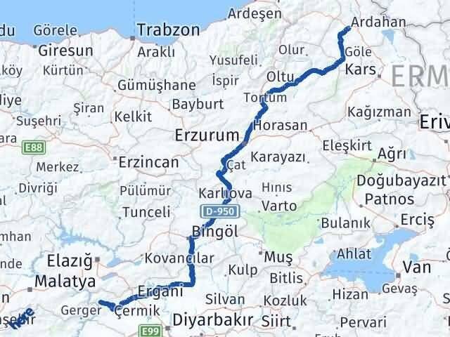 Ardahan Çüngüş Diyarbakır Arası Kaç Km - Yol Haritası