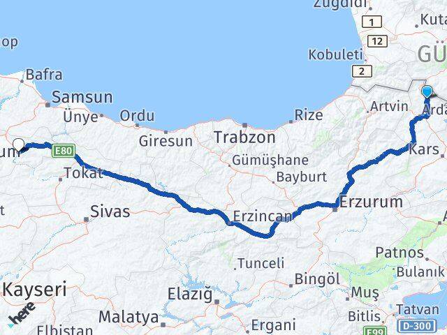 Ardahan Damal Amasya Arası Kaç Km - Yol Haritası