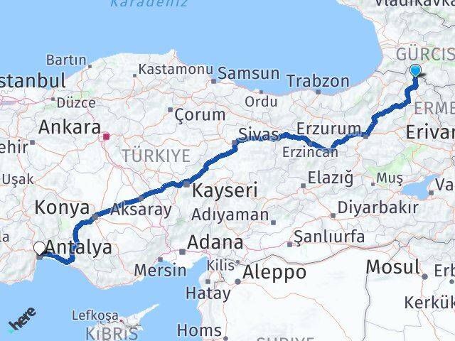 Ardahan Damal Antalya Arası Kaç Km - Yol Haritası