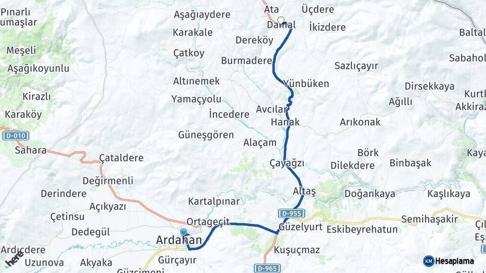 Ardahan Damal Arası Kaç Km - Yol Haritası