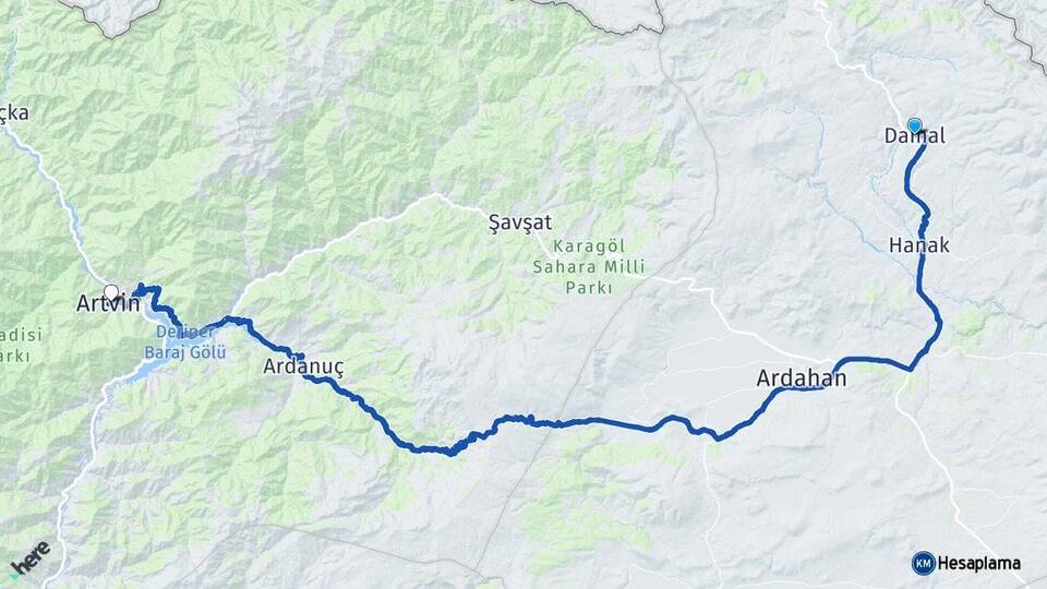 Ardahan Damal Artvin Arası Kaç Km - Yol Haritası