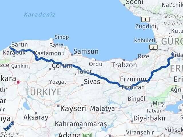 Ardahan Damal Bartın Arası Kaç Km - Yol Haritası