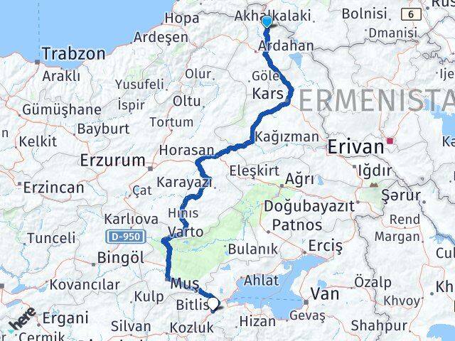 Ardahan Damal Bitlis Arası Kaç Km - Yol Haritası