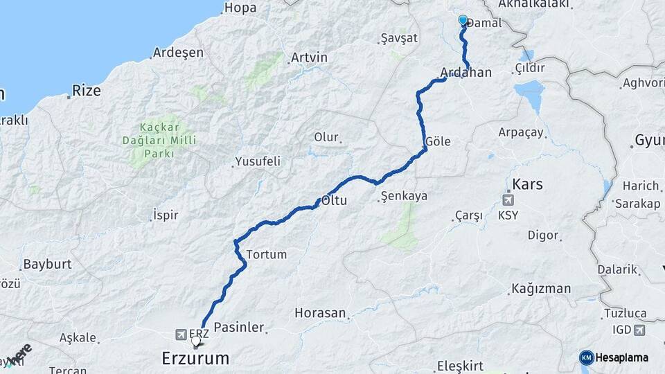 Ardahan Damal Erzurum Arası Kaç Km - Yol Haritası