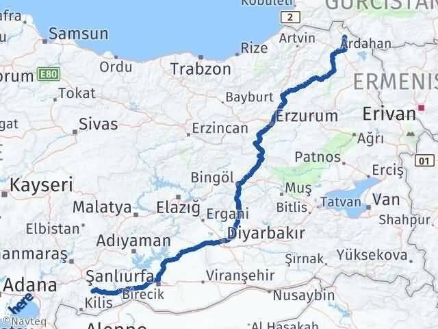 Ardahan Damal Gaziantep Arası Kaç Km - Yol Haritası