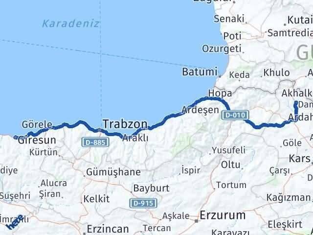 Ardahan Damal Giresun Arası Kaç Km - Yol Haritası