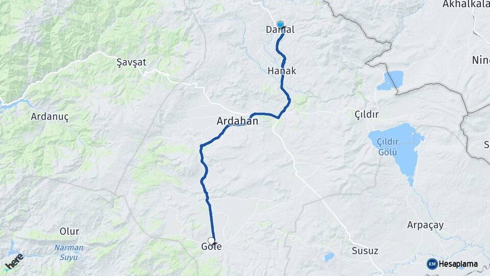 Ardahan Damal Göle Arası Kaç Km - Yol Haritası