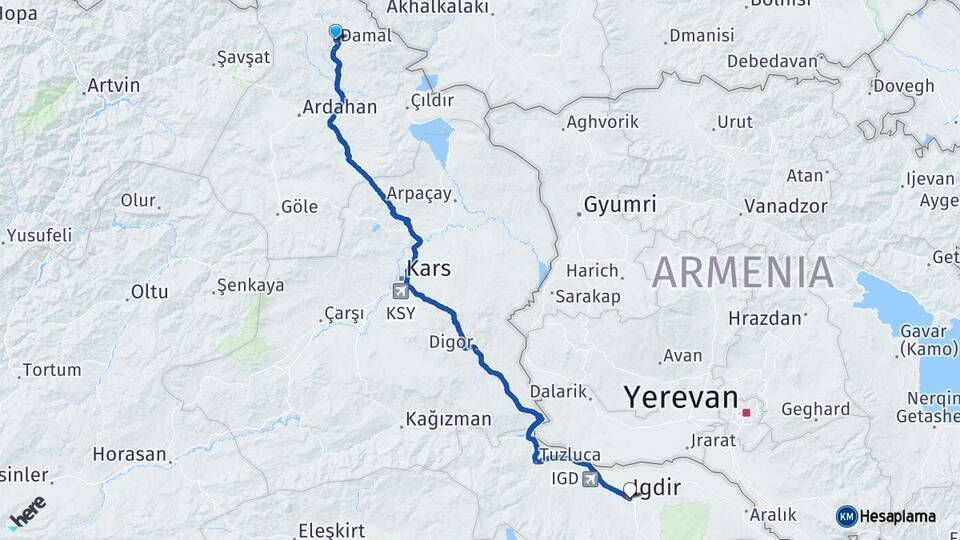 Ardahan Damal Iğdır Arası Kaç Km - Yol Haritası