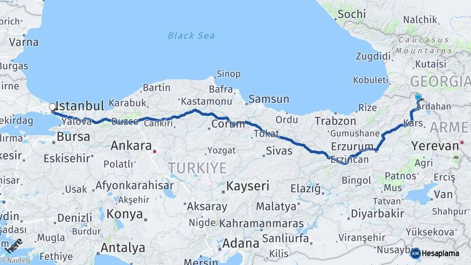 Ardahan Damal İstanbul Arası Kaç Km - Yol Haritası