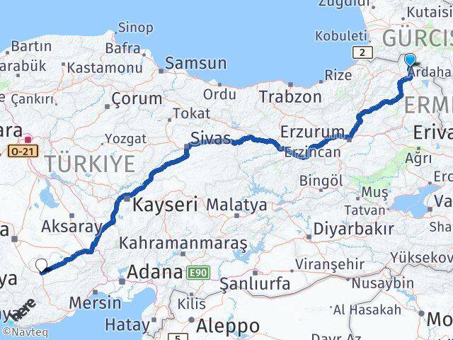 Ardahan Damal Karaman Arası Kaç Km - Yol Haritası