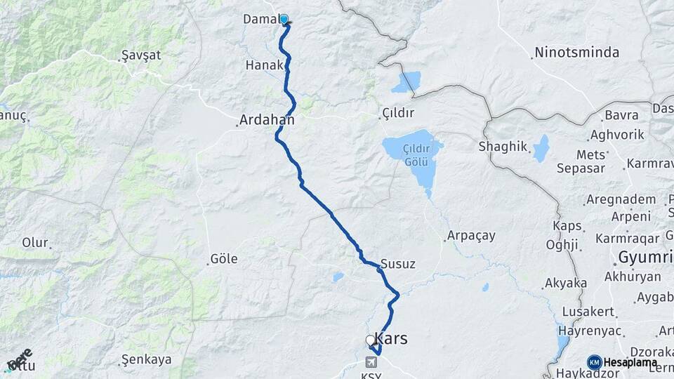 Ardahan Damal Kars Arası Kaç Km - Yol Haritası