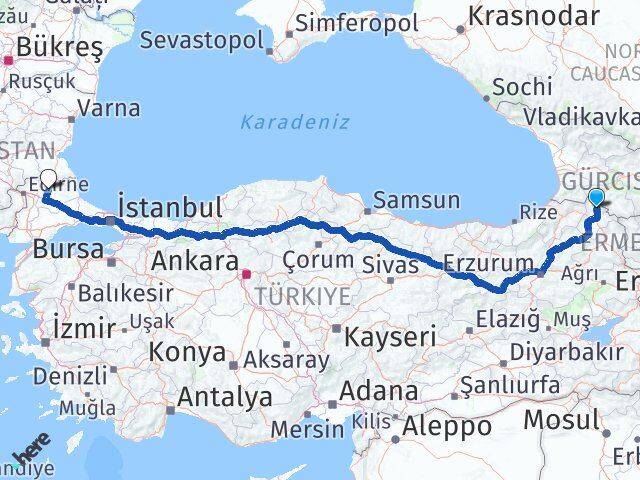 Ardahan Damal Kırklareli Arası Kaç Km - Yol Haritası