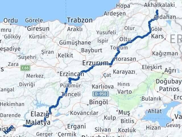 Ardahan Damal Malatya Arası Kaç Km - Yol Haritası