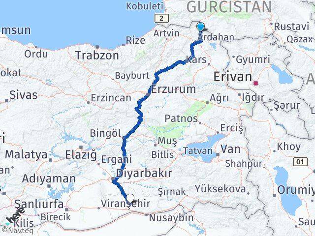 Ardahan Damal Mardin Arası Kaç Km - Yol Haritası
