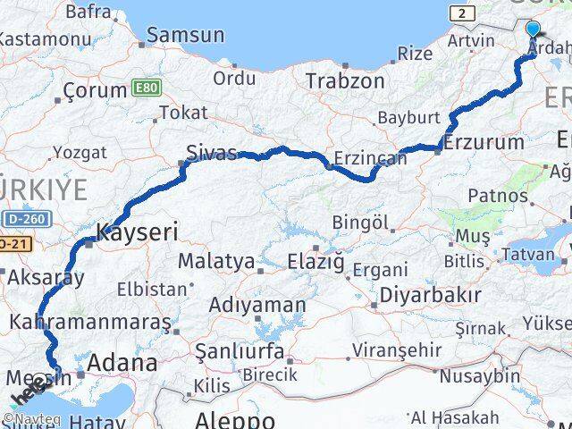 Ardahan Damal Mersin Arası Kaç Km - Yol Haritası