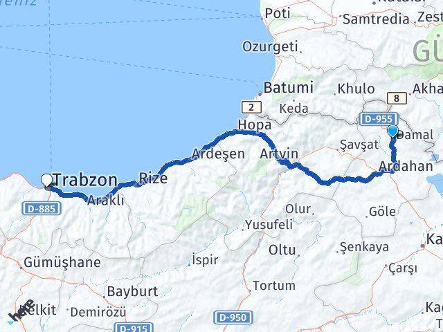 Ardahan Damal Trabzon Arası Kaç Km - Yol Haritası