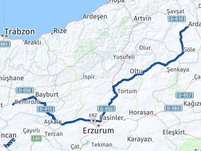 Ardahan Demirözü Bayburt Arası Kaç Km - Yol Haritası