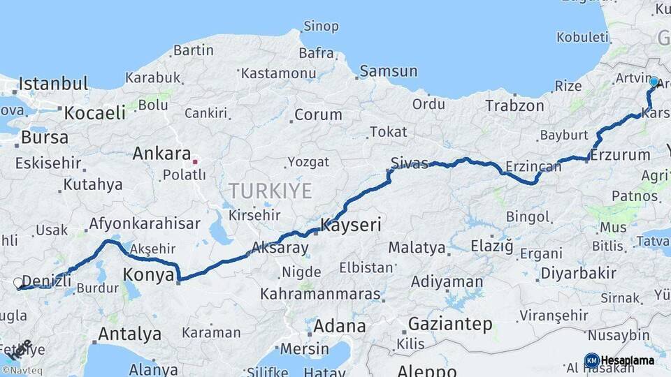 Ardahan Denizli Arası Kaç Km - Yol Haritası