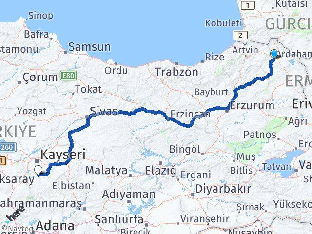 Ardahan Develi Kayseri Arası Kaç Km - Yol Haritası