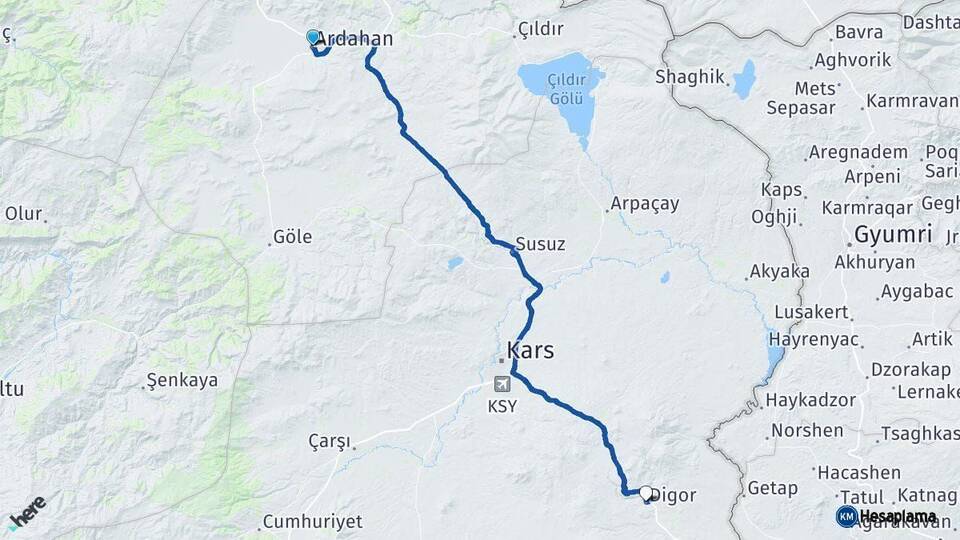 Ardahan Digor Kars Arası Kaç Km - Yol Haritası