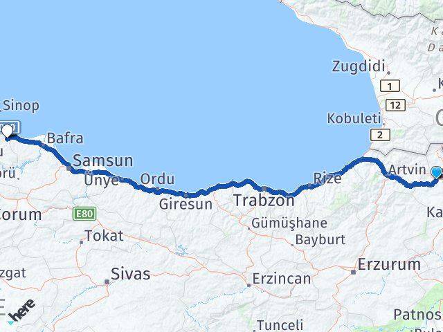 Ardahan Dikmen Sinop Arası Kaç Km - Yol Haritası