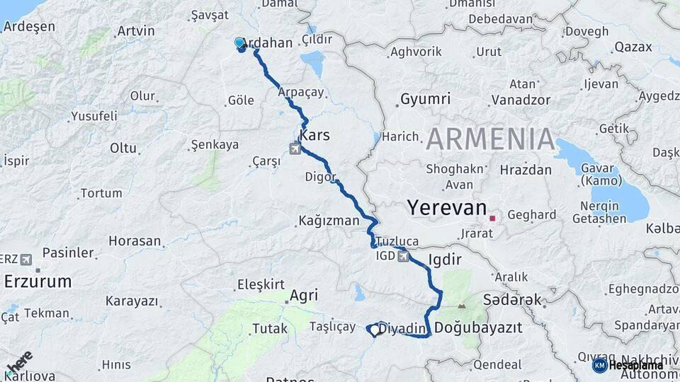 Ardahan Diyadin Ağrı Arası Kaç Km - Yol Haritası