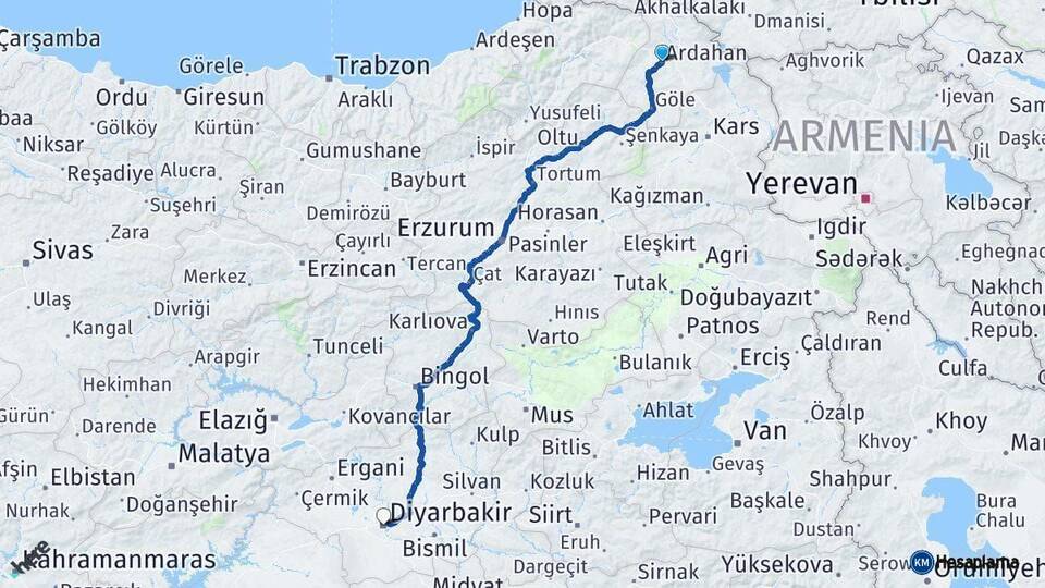 Ardahan Diyarbakır Arası Kaç Km - Yol Haritası