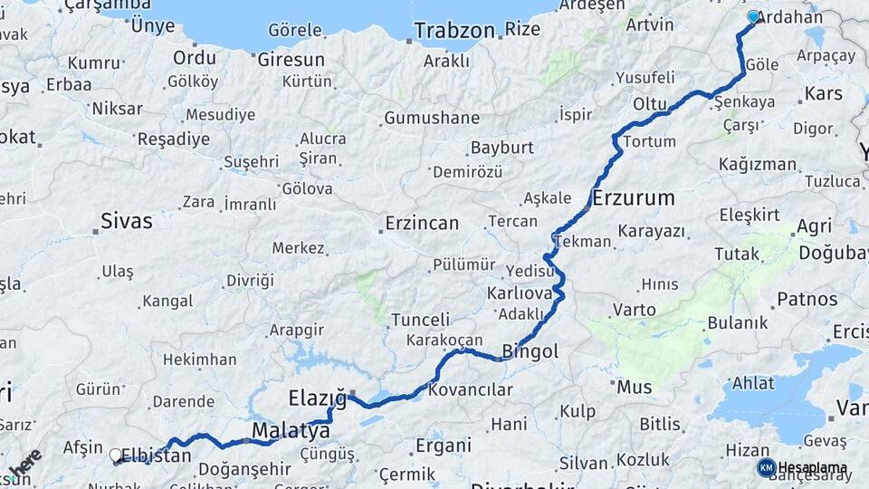 Ardahan Elbistan Kahramanmaraş Arası Kaç Km - Yol Haritası
