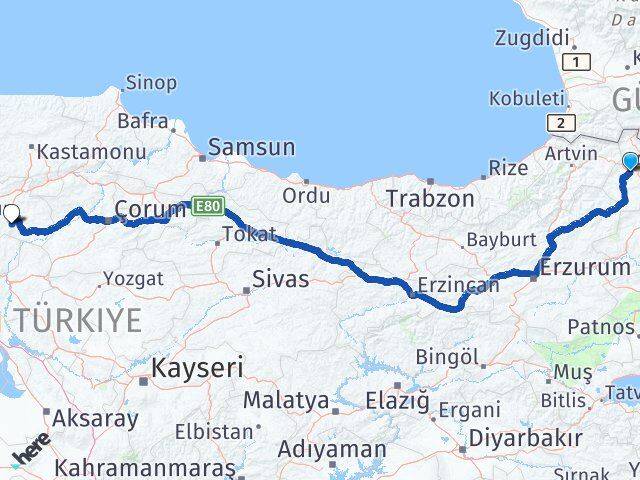 Ardahan Eldivan Çankırı Arası Kaç Km - Yol Haritası